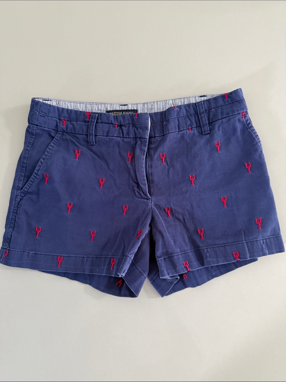 British Khaki Navy Shorts with Red Lobster Embroidery Coastal Preppy